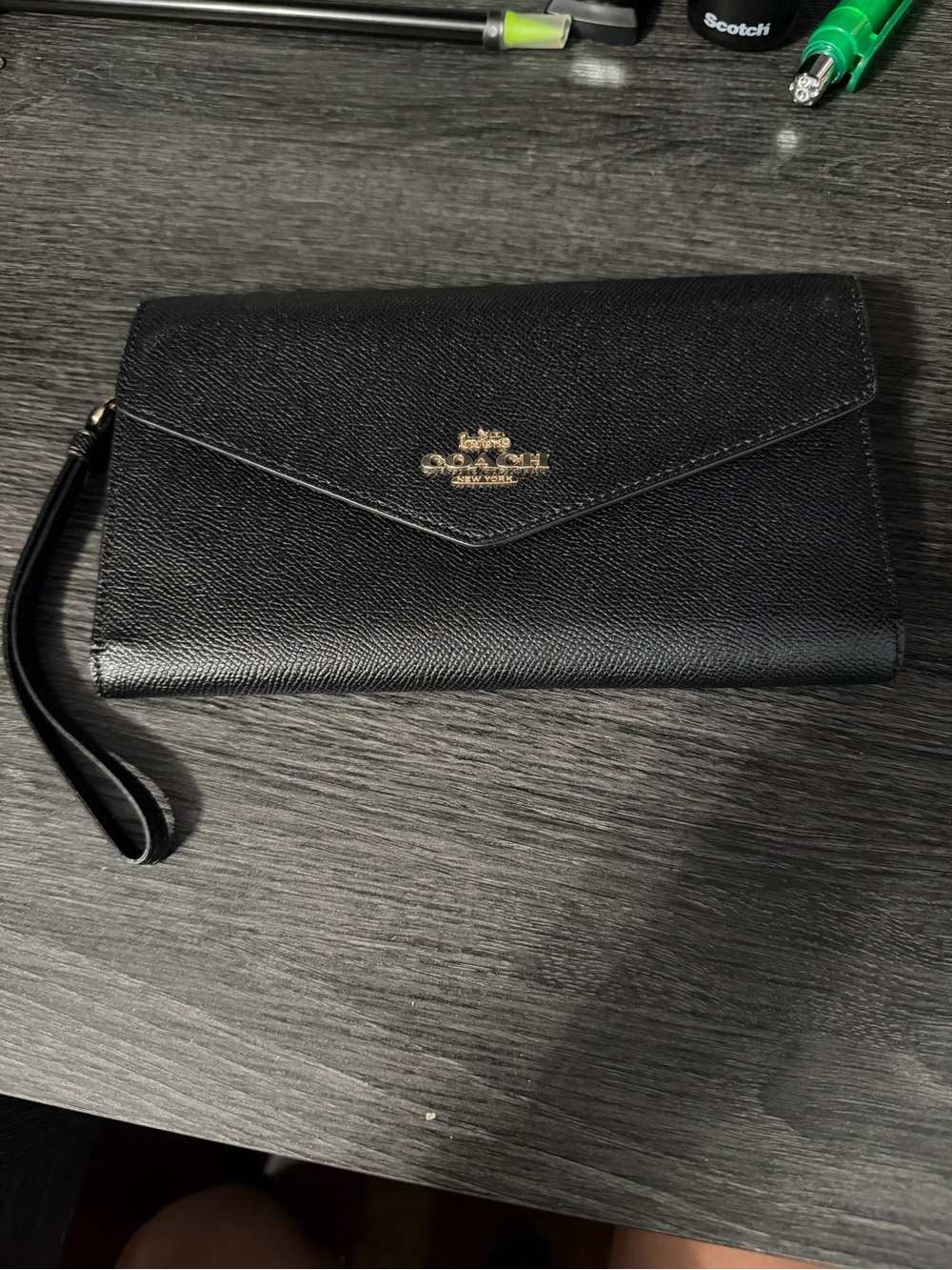 Coach Black Textured Leather Wristlet Clutch with Gold Logo